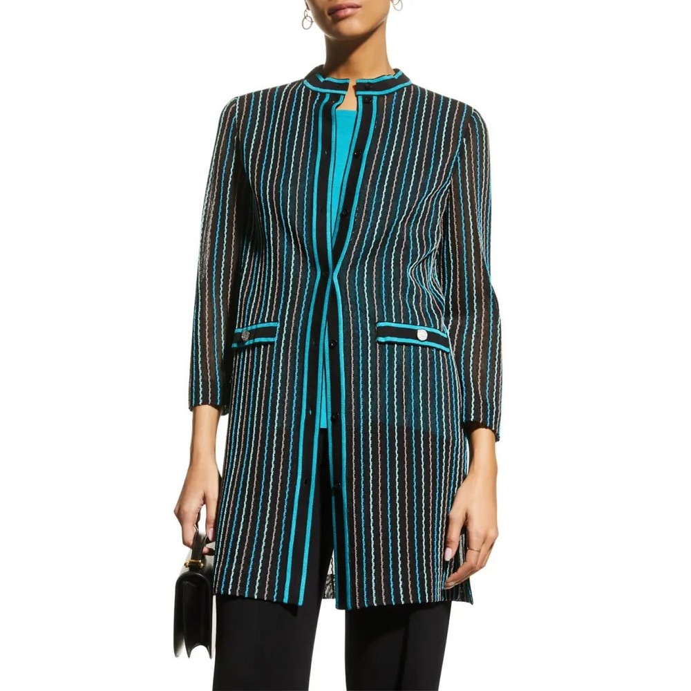 Misook Womens Turquoise Black Striped Longline Knit Cardigan Duster Jacket Small